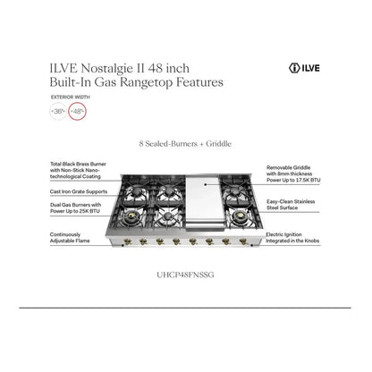 ILVE Nostalgie II 48" Stainless Steel Built-In Gas Rangetop with 8 Burners and Griddle Natural Gas