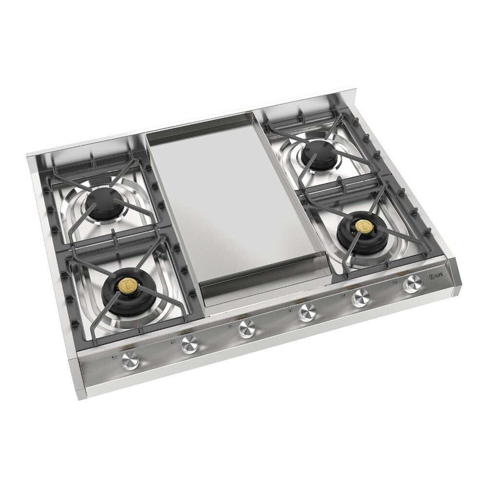 ILVE Professional Plus II 36" Stainless Steel Built-In Gas Cooktop with 4 Burners and Griddle