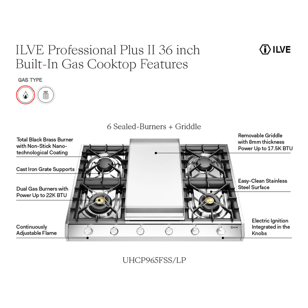 ILVE Professional Plus II 36" Stainless Steel Built-In Gas Cooktop with 4 Burners and Griddle