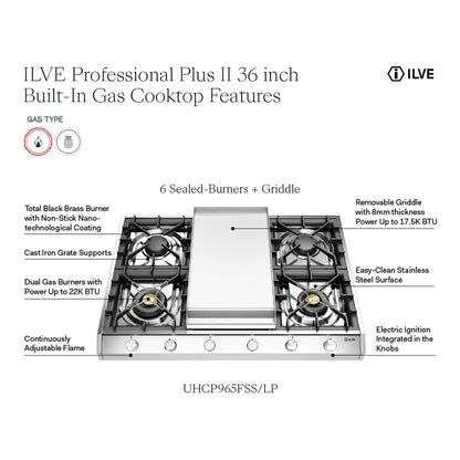ILVE Professional Plus II 36" Stainless Steel Built-In Gas Cooktop with 4 Burners and Griddle