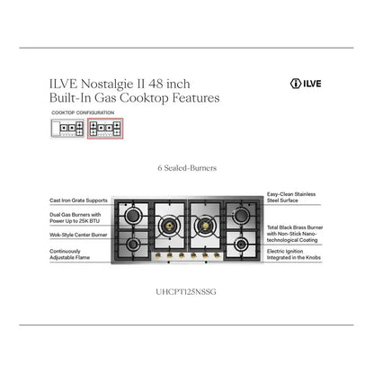 ILVE Nostalgie II 48" Stainless Steel Built-In Gas Cooktop with 6 Burners Natural Gas