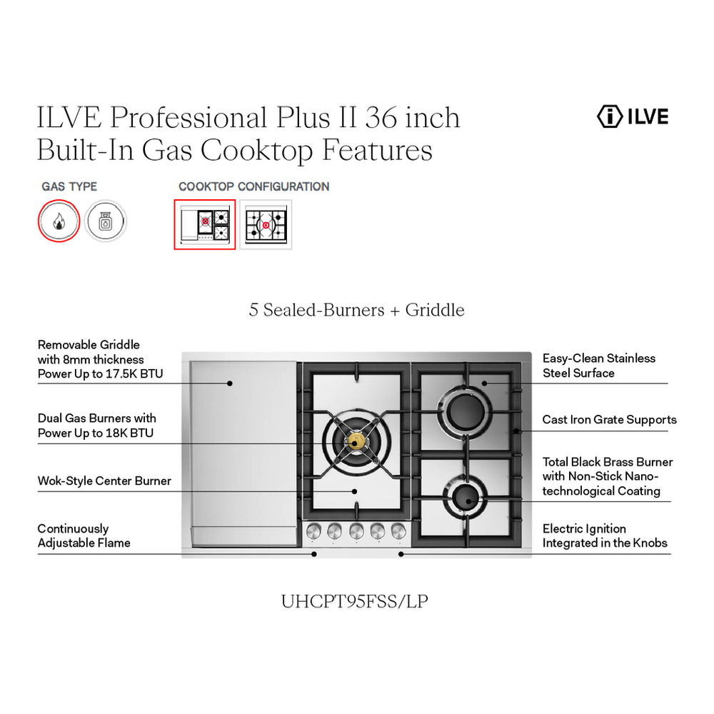 ILVE Professional Plus II 36" Stainless Steel Built-In Gas Cooktop with 5 Burners and Griddle