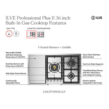 ILVE Professional Plus II 36" Stainless Steel Built-In Gas Cooktop with 5 Burners and Griddle
