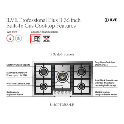 ILVE Professional Plus II 36" Stainless Steel Built-In Gas Cooktop with 5 Burners