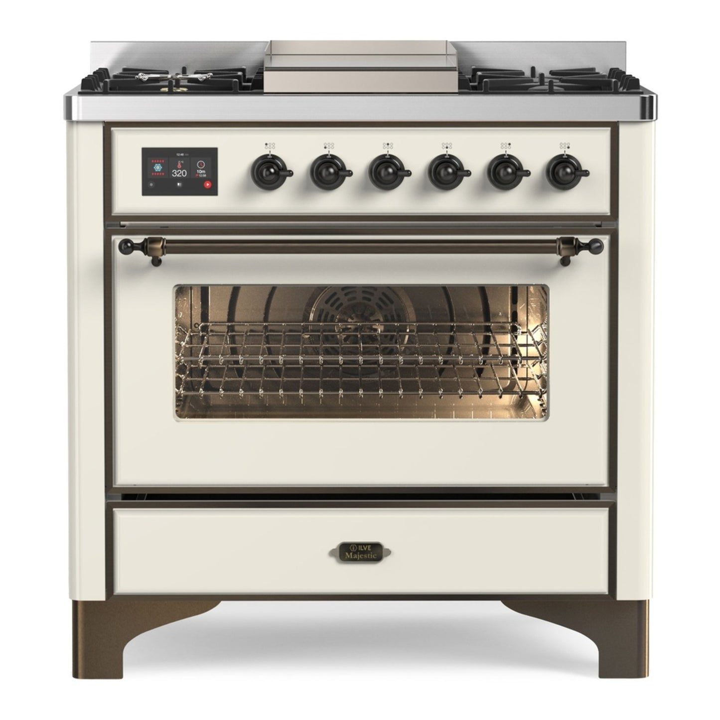 ILVE Majestic II 36" Antique White Dual Fuel Range with 6 Burners and Griddle Triple Glass Door Natural Gas