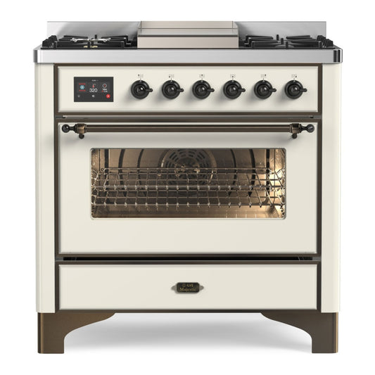 ILVE Majestic II 36" Antique White Dual Fuel Range with 6 Burners and Griddle Triple Glass Door Natural Gas