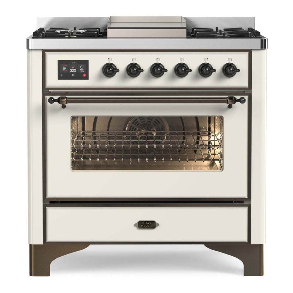 ILVE Majestic II 36 inch Triple Glass Door Natural Gas Dual Fuel Range Chrome Antique White