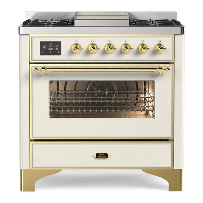 ILVE Majestic II 36" Antique White Dual Fuel Range with 6 Burners and Griddle Triple Glass Door Natural Gas