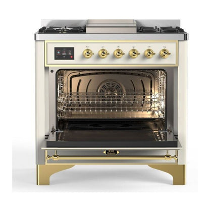 ILVE Majestic II 36 inch Triple Glass Door Natural Gas Dual Fuel Range Brass Antique White