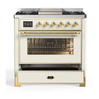 ILVE Majestic II 36 inch Triple Glass Door Natural Gas Dual Fuel Range Brass Antique White