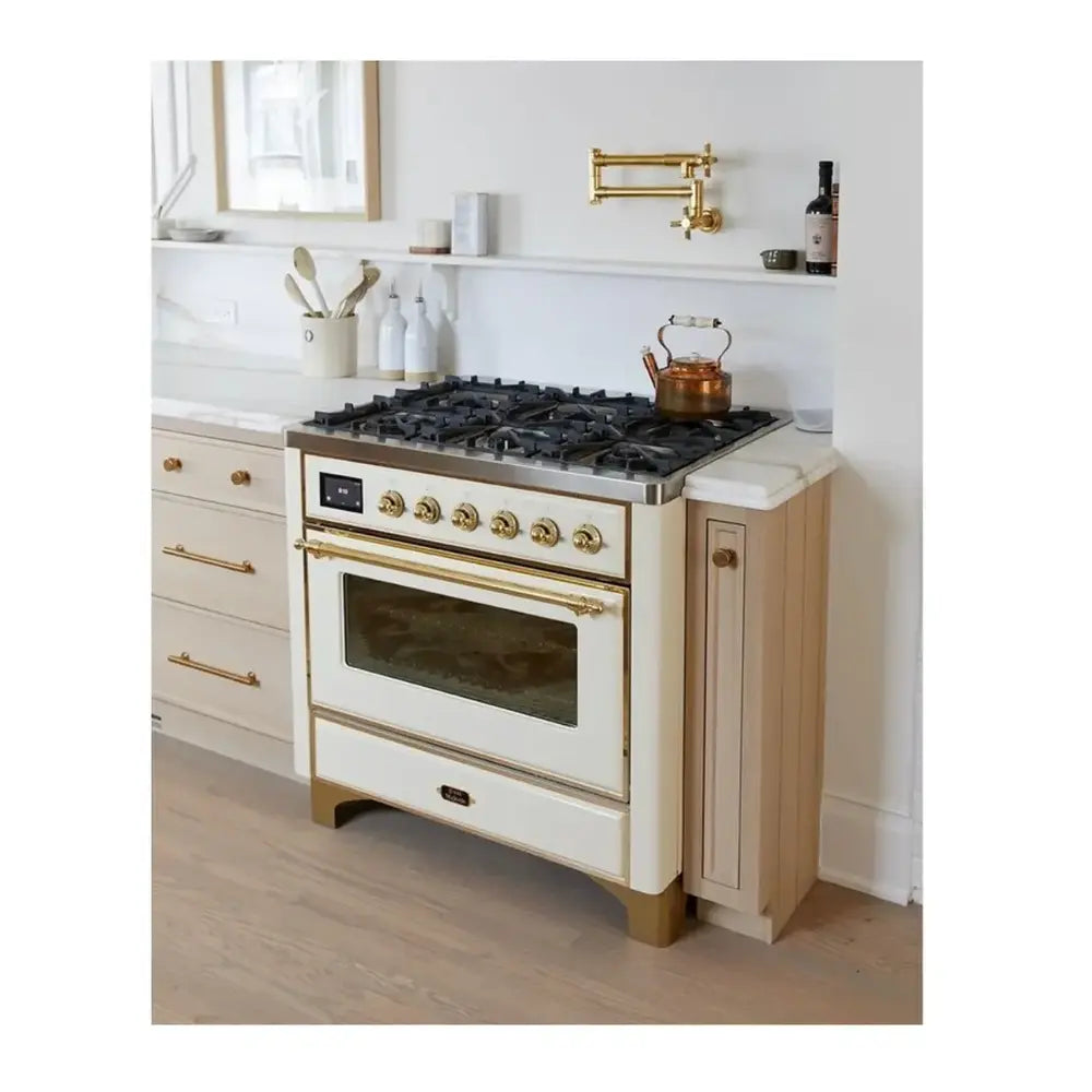 ILVE Majestic II 36" Antique White Dual Fuel Range with 6 Burners and Griddle Triple Glass Door Natural Gas