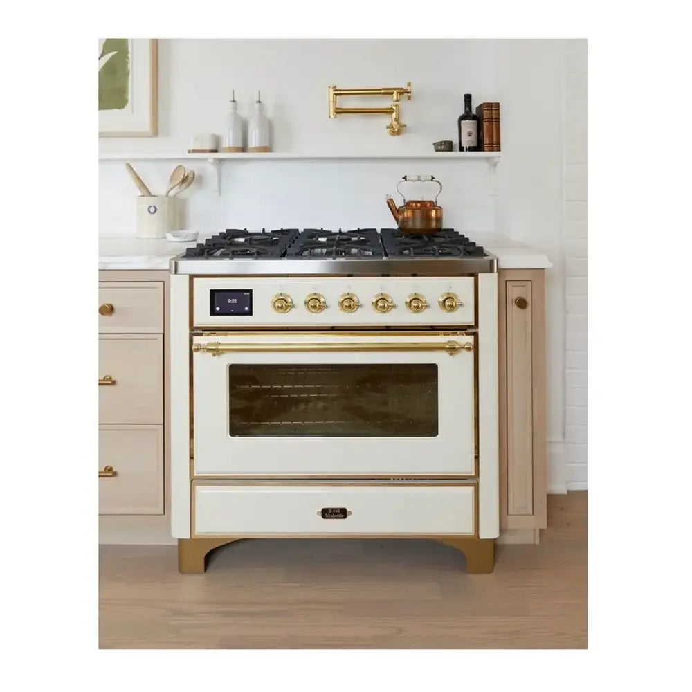 ILVE Majestic II 36 inch Triple Glass Door Natural Gas Dual Fuel Range Brass Antique White