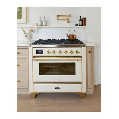 ILVE Majestic II 36 inch Triple Glass Door Natural Gas Dual Fuel Range Brass Antique White