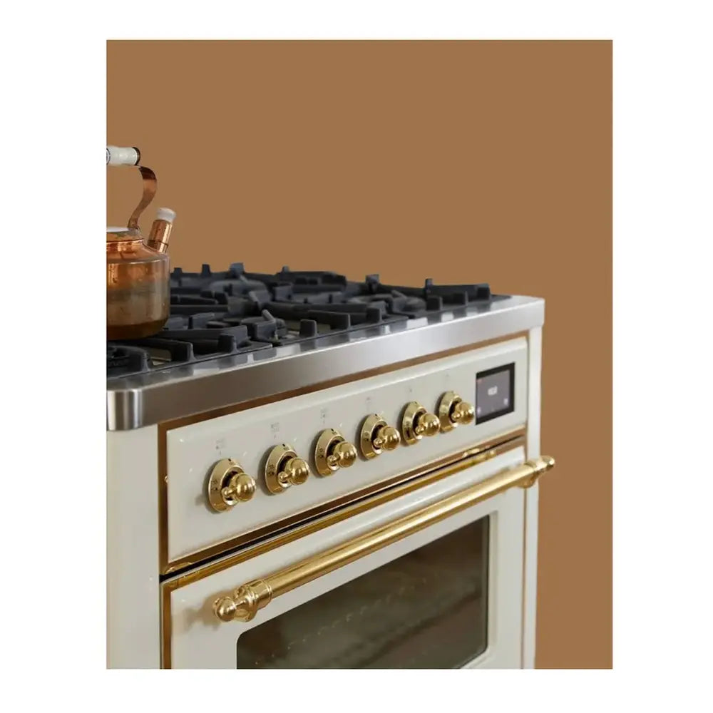 ILVE Majestic II 36 inch Triple Glass Door Natural Gas Dual Fuel Range Brass Antique White