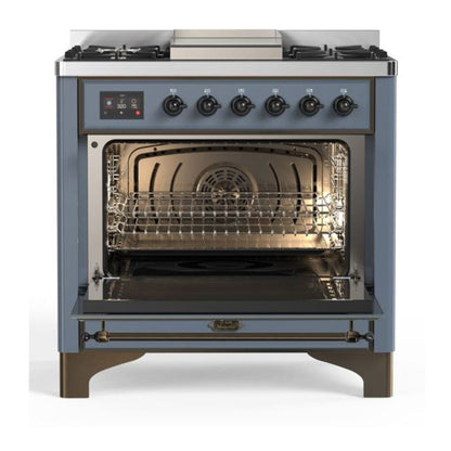 ILVE Majestic II 36" Blue Grey Dual Fuel Range with 6 Burners and Griddle Triple Glass Door Liquid Propane