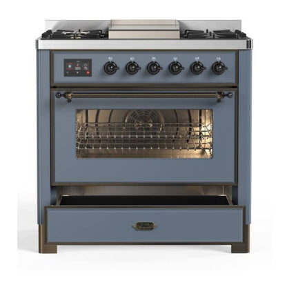 ILVE Majestic II 36" Blue Grey Dual Fuel Range with 6 Burners and Griddle Triple Glass Door Liquid Propane