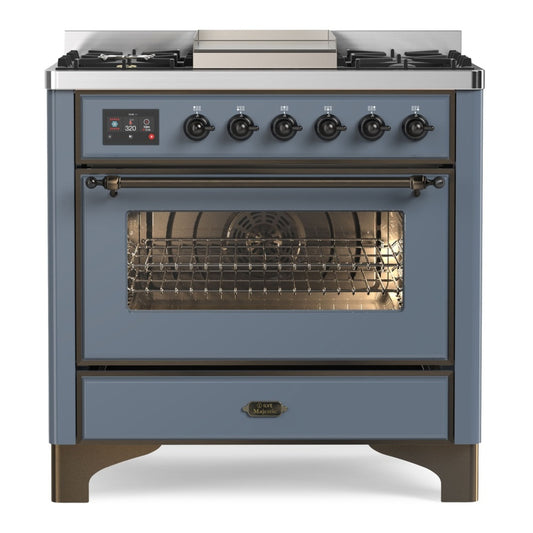 ILVE Majestic II 36" Blue Grey Dual Fuel Range with 6 Burners and Griddle Triple Glass Door Natural Gas