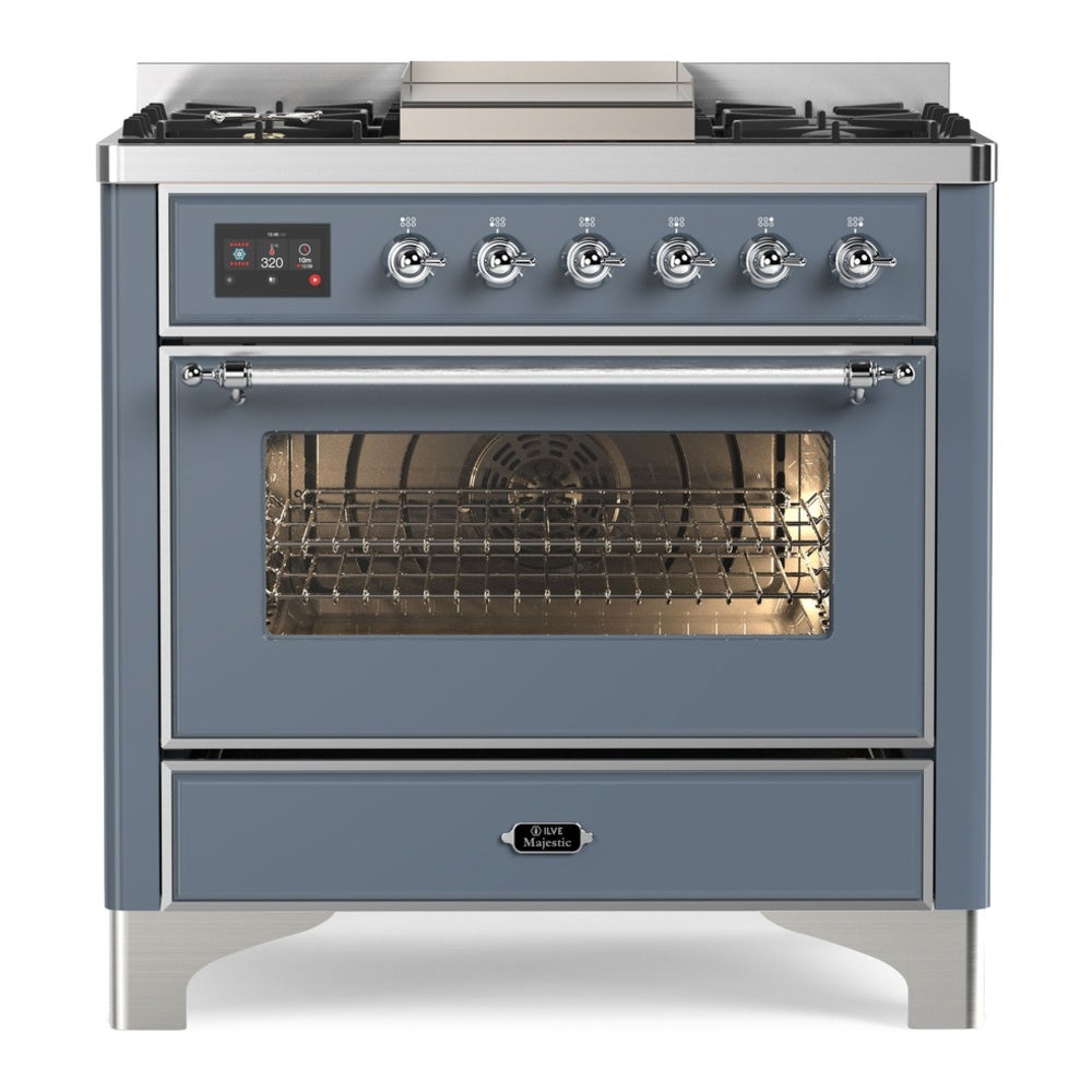 ILVE Majestic II 36" Blue Grey Dual Fuel Range with 6 Burners and Griddle Triple Glass Door Liquid Propane