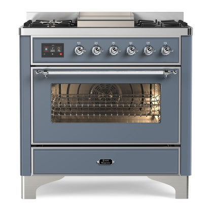 ILVE Majestic II 36" Blue Grey Dual Fuel Range with 6 Burners and Griddle Triple Glass Door Liquid Propane