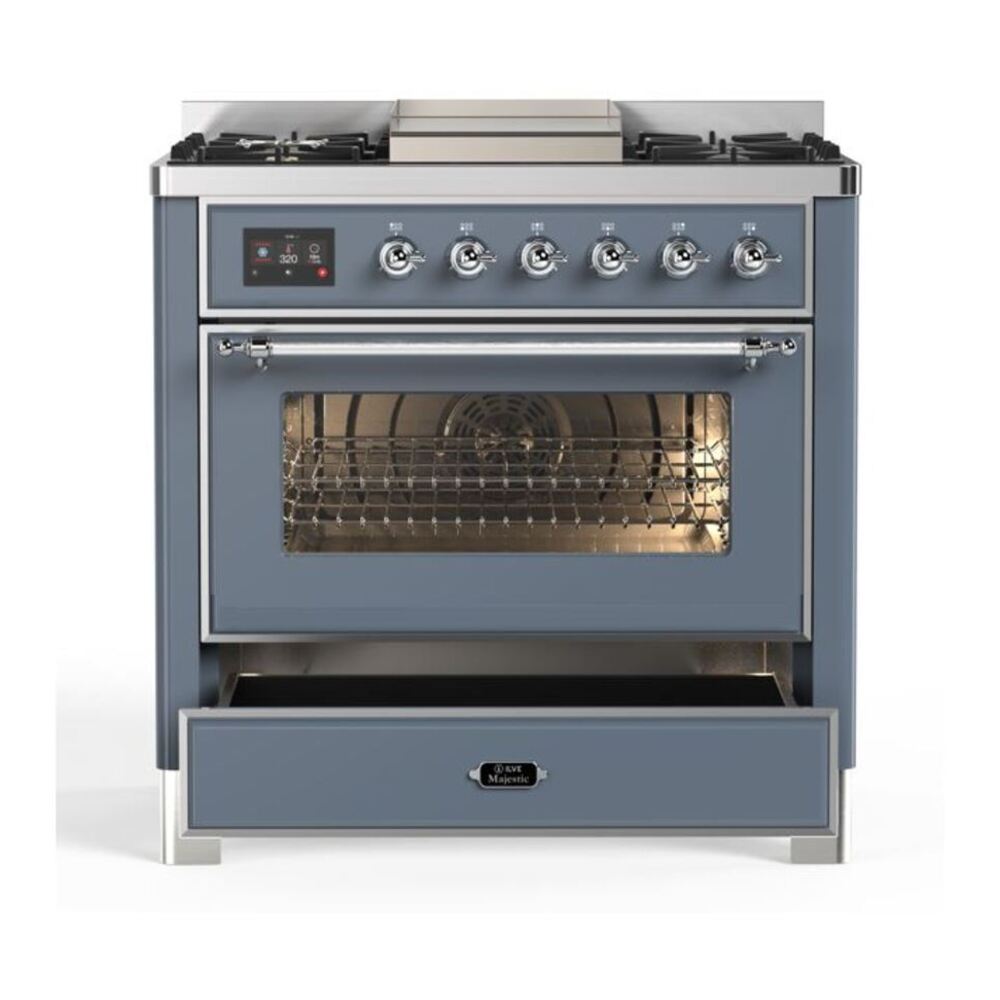ILVE Majestic II 36 inch Triple Glass Door Natural Gas Dual Fuel Range Chrome Blue Grey