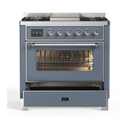 ILVE Majestic II 36 inch Triple Glass Door Natural Gas Dual Fuel Range Chrome Blue Grey