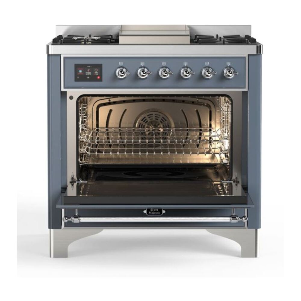 ILVE Majestic II 36 inch Triple Glass Door Natural Gas Dual Fuel Range Chrome Blue Grey