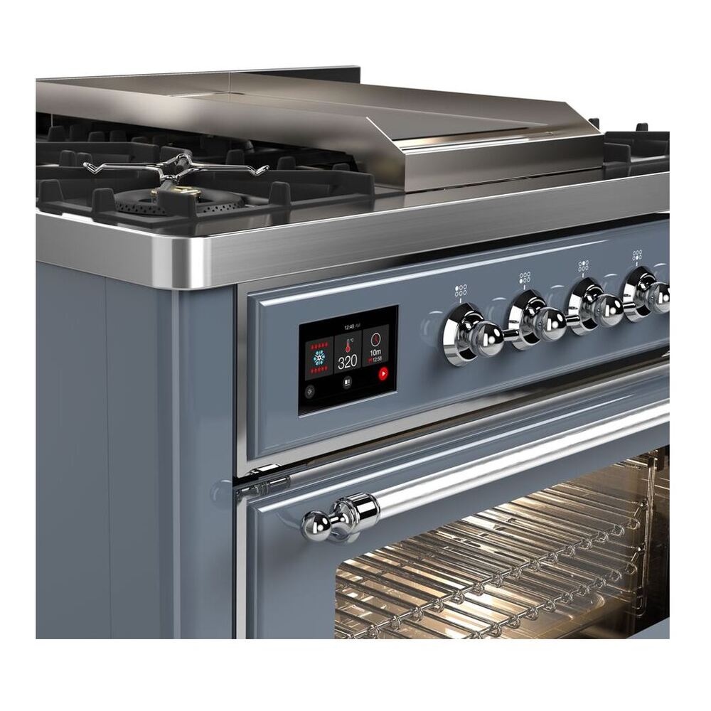 ILVE Majestic II 36 inch Triple Glass Door Natural Gas Dual Fuel Range Chrome Blue Grey