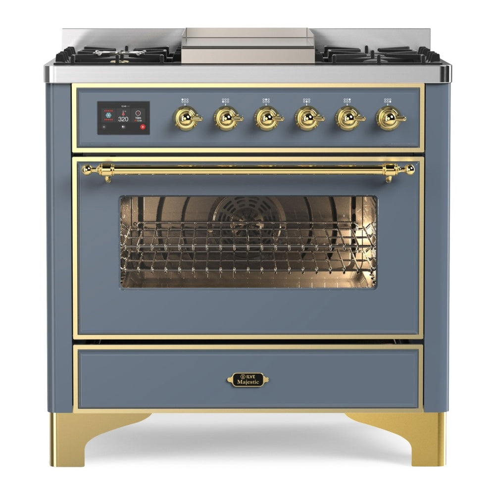 ILVE Majestic II 36" Blue Grey Dual Fuel Range with 6 Burners and Griddle Triple Glass Door Liquid Propane