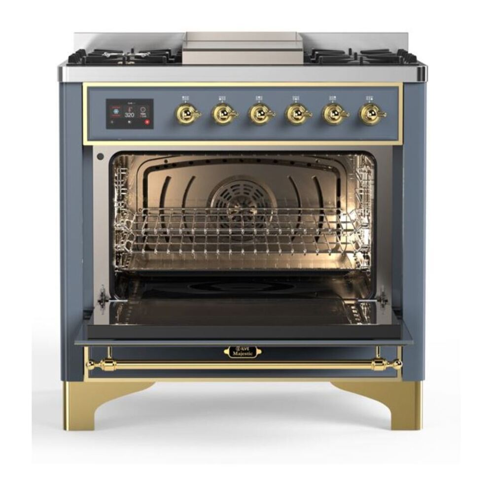ILVE Majestic II 36 inch Triple Glass Door Natural Gas Dual Fuel Range Brass Blue Grey