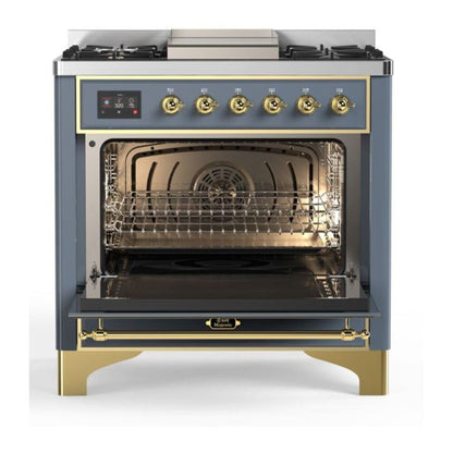 ILVE Majestic II 36 inch Triple Glass Door Natural Gas Dual Fuel Range Brass Blue Grey