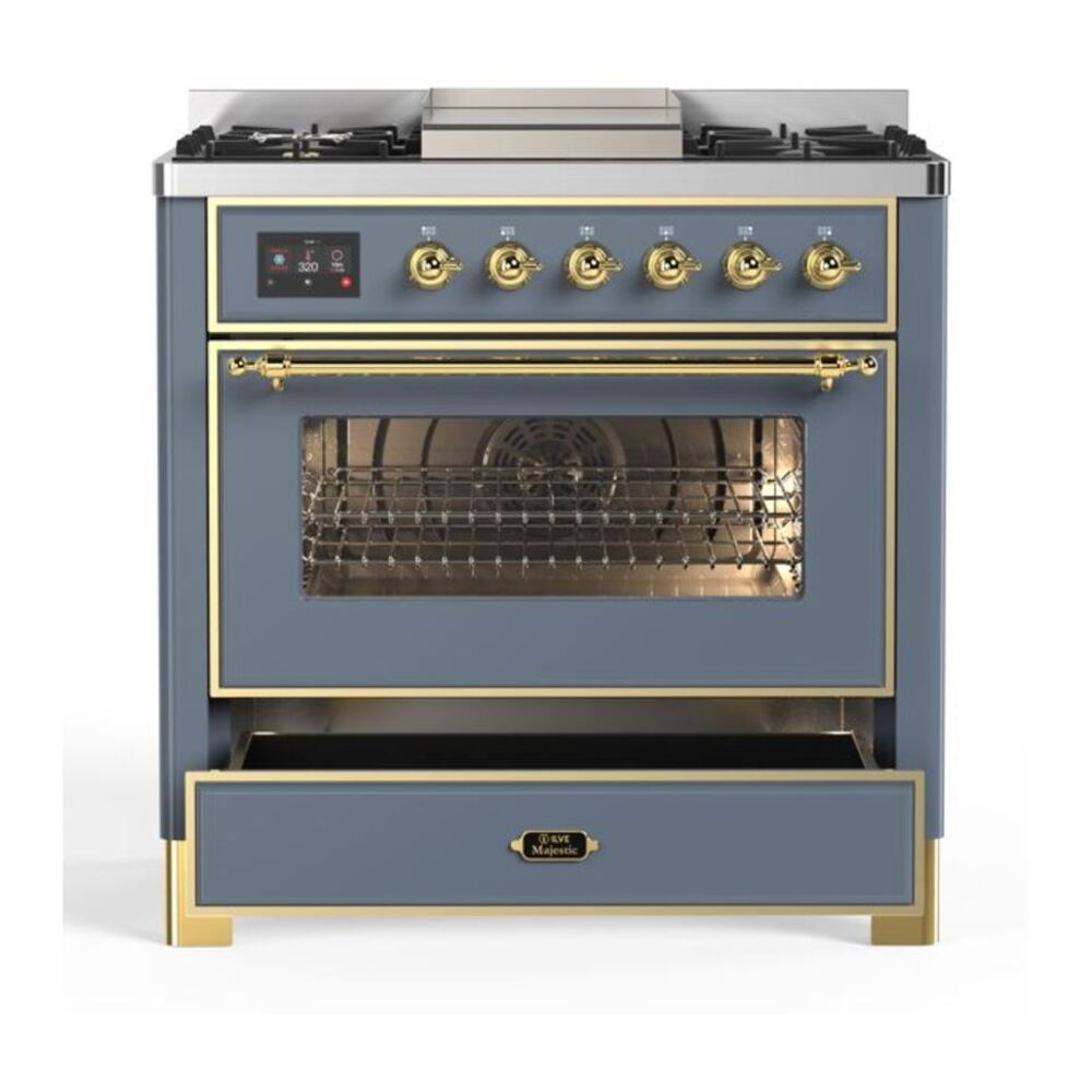 ILVE Majestic II 36 inch Triple Glass Door Natural Gas Dual Fuel Range Brass Blue Grey