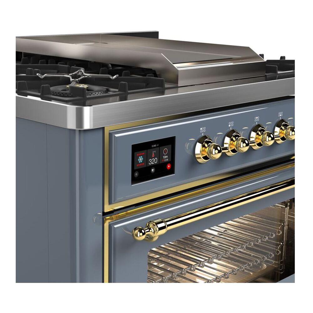 ILVE Majestic II 36 inch Triple Glass Door Natural Gas Dual Fuel Range Brass Blue Grey
