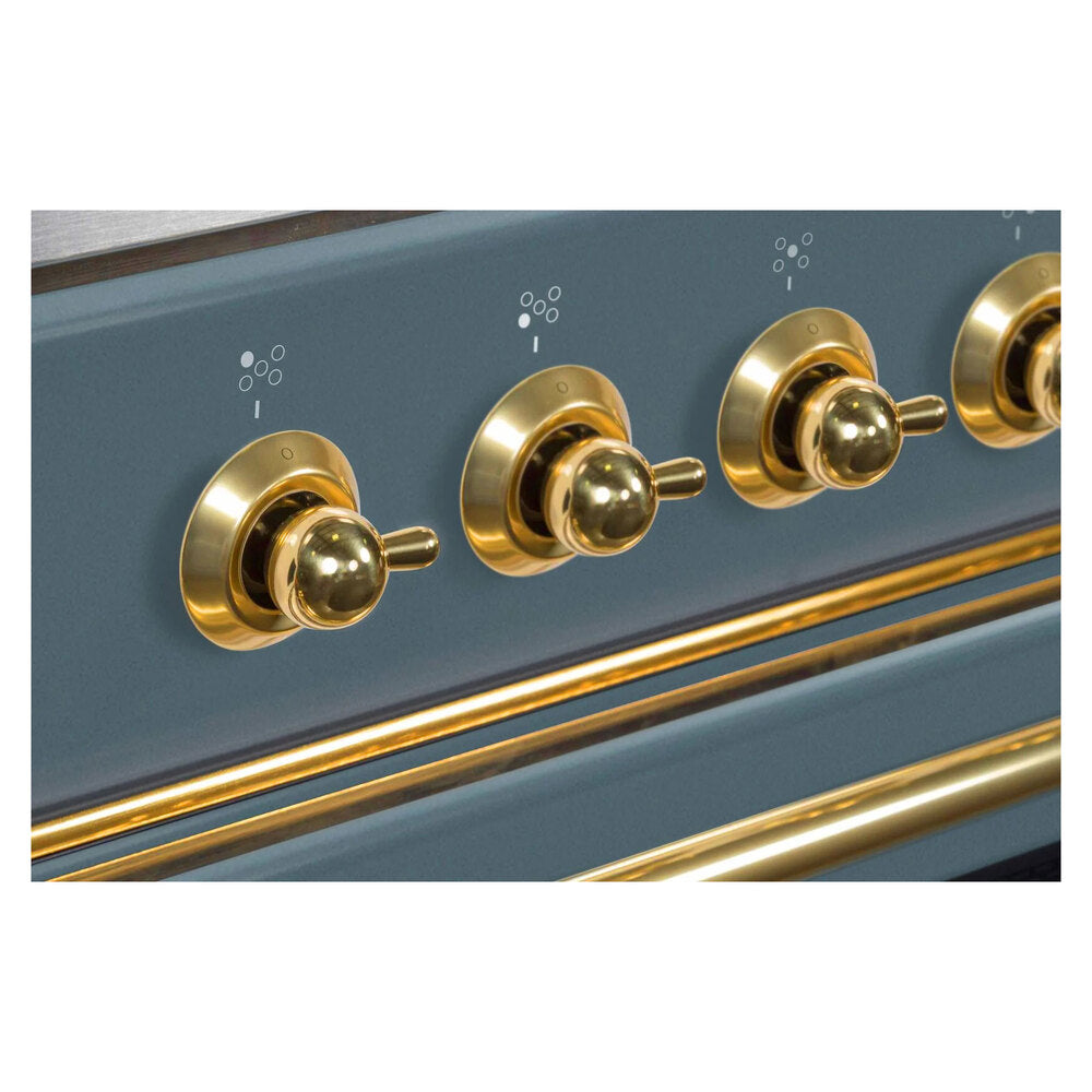 ILVE Majestic II 36 inch Triple Glass Door Natural Gas Dual Fuel Range Brass Blue Grey