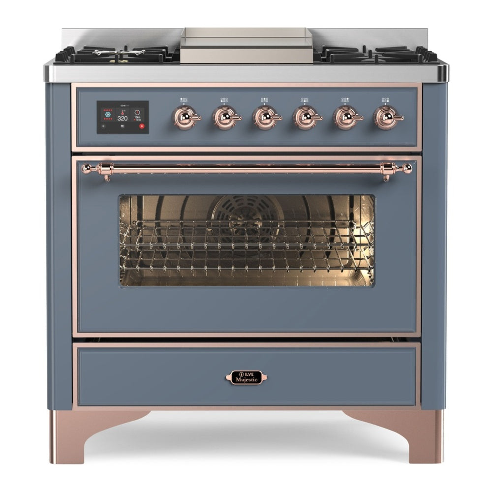 ILVE Majestic II 36" Blue Grey Dual Fuel Range with 6 Burners and Griddle Triple Glass Door Liquid Propane