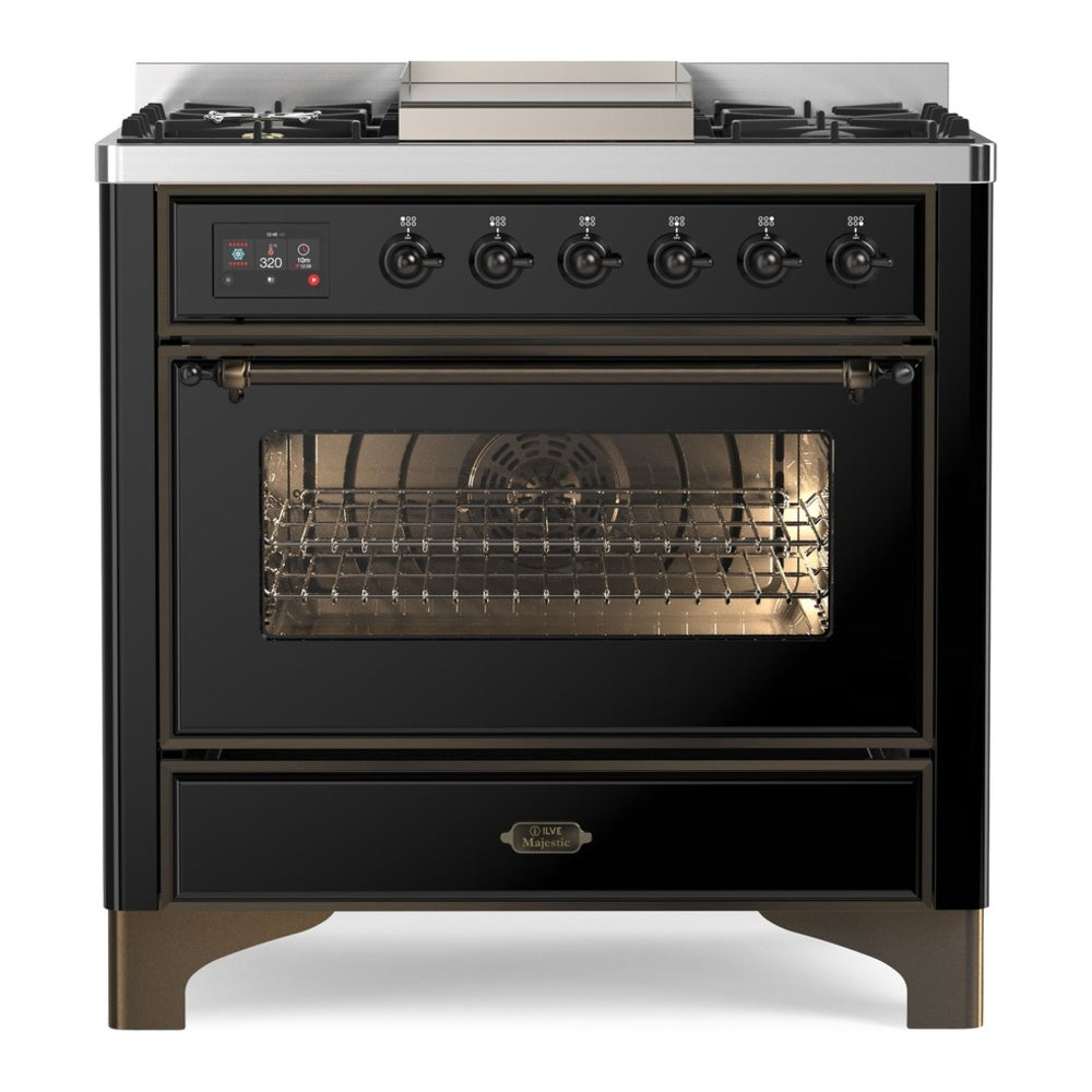 ILVE Majestic II 36" Glossy Black Dual Fuel Range with 6 Burners and Griddle Triple Glass Door Liquid Propane