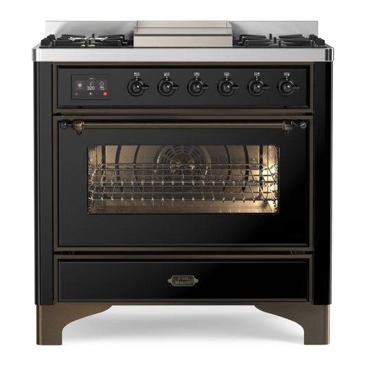 ILVE Majestic II 36" Glossy Black Dual Fuel Range with 6 Burners and Griddle Triple Glass Door Liquid Propane
