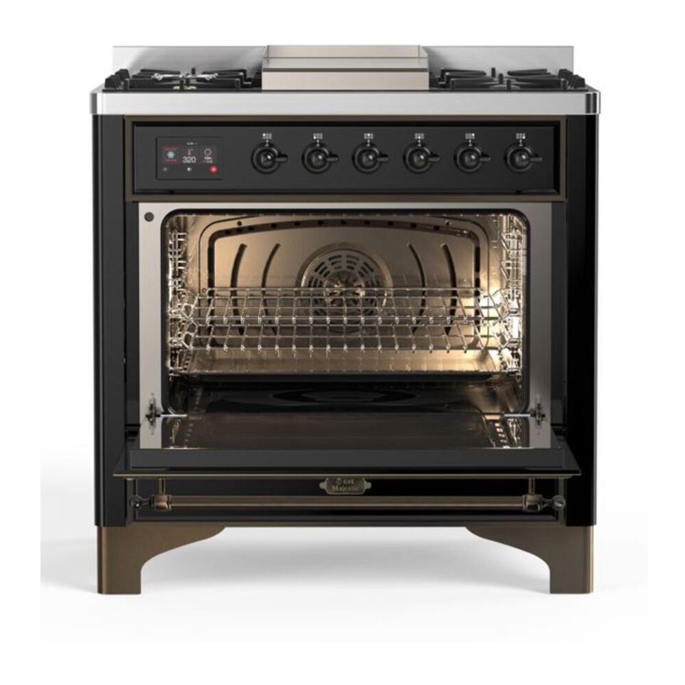ILVE Majestic II 36" Glossy Black Dual Fuel Range with 6 Burners and Griddle Triple Glass Door Liquid Propane