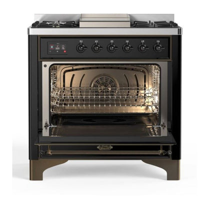 ILVE Majestic II 36" Glossy Black Dual Fuel Range with 6 Burners and Griddle Triple Glass Door Liquid Propane