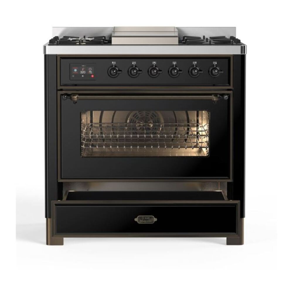 ILVE Majestic II 36" Glossy Black Dual Fuel Range with 6 Burners and Griddle Triple Glass Door Liquid Propane