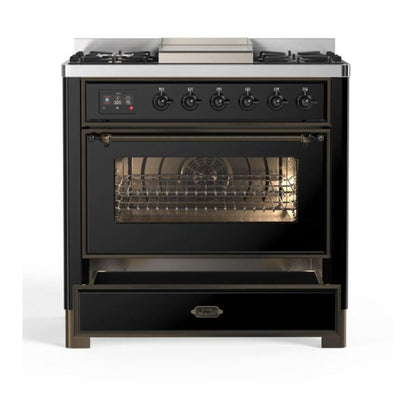 ILVE Majestic II 36" Glossy Black Dual Fuel Range with 6 Burners and Griddle Triple Glass Door Liquid Propane