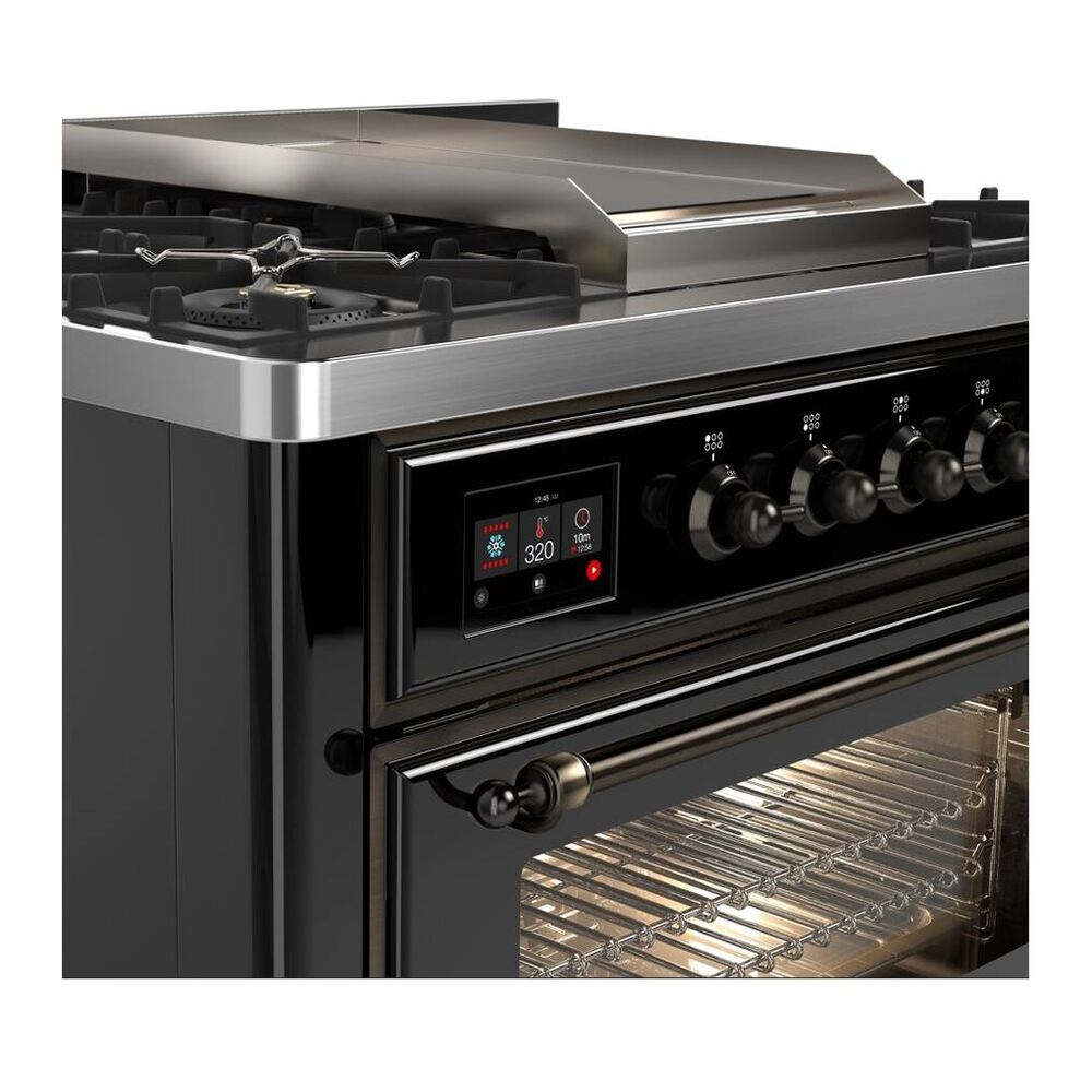 ILVE Majestic II 36" Glossy Black Dual Fuel Range with 6 Burners and Griddle Triple Glass Door Liquid Propane