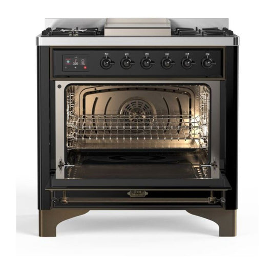 ILVE Majestic II 36" Glossy Black Dual Fuel Range with 6 Burners and Griddle Triple Glass Door Natural Gas