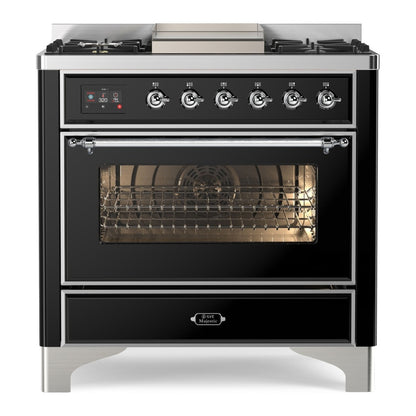 ILVE Majestic II 36" Glossy Black Dual Fuel Range with 6 Burners and Griddle Triple Glass Door Liquid Propane