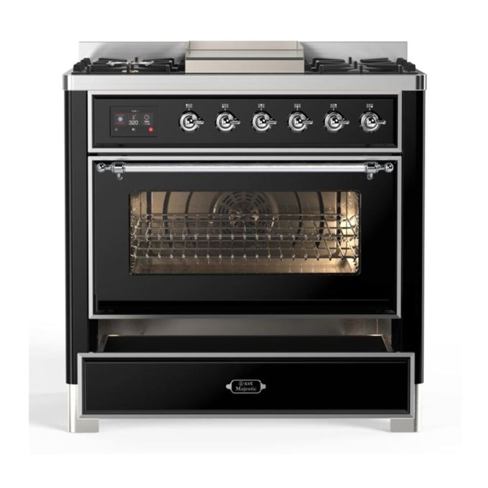 ILVE Majestic II 36 inch Triple Glass Door Natural Gas Dual Fuel Range Chrome Glossy Black
