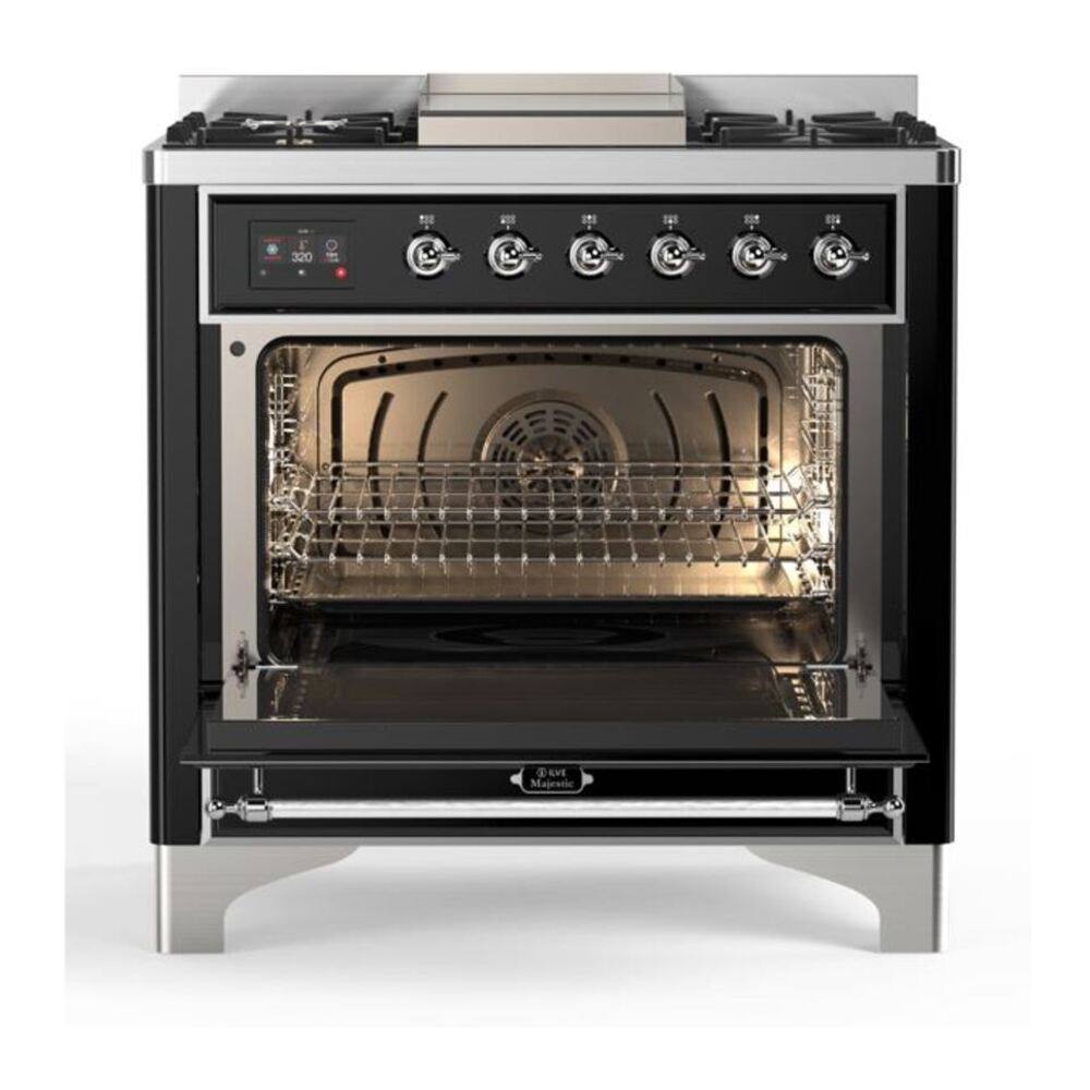 ILVE Majestic II 36 inch Triple Glass Door Natural Gas Dual Fuel Range Chrome Glossy Black