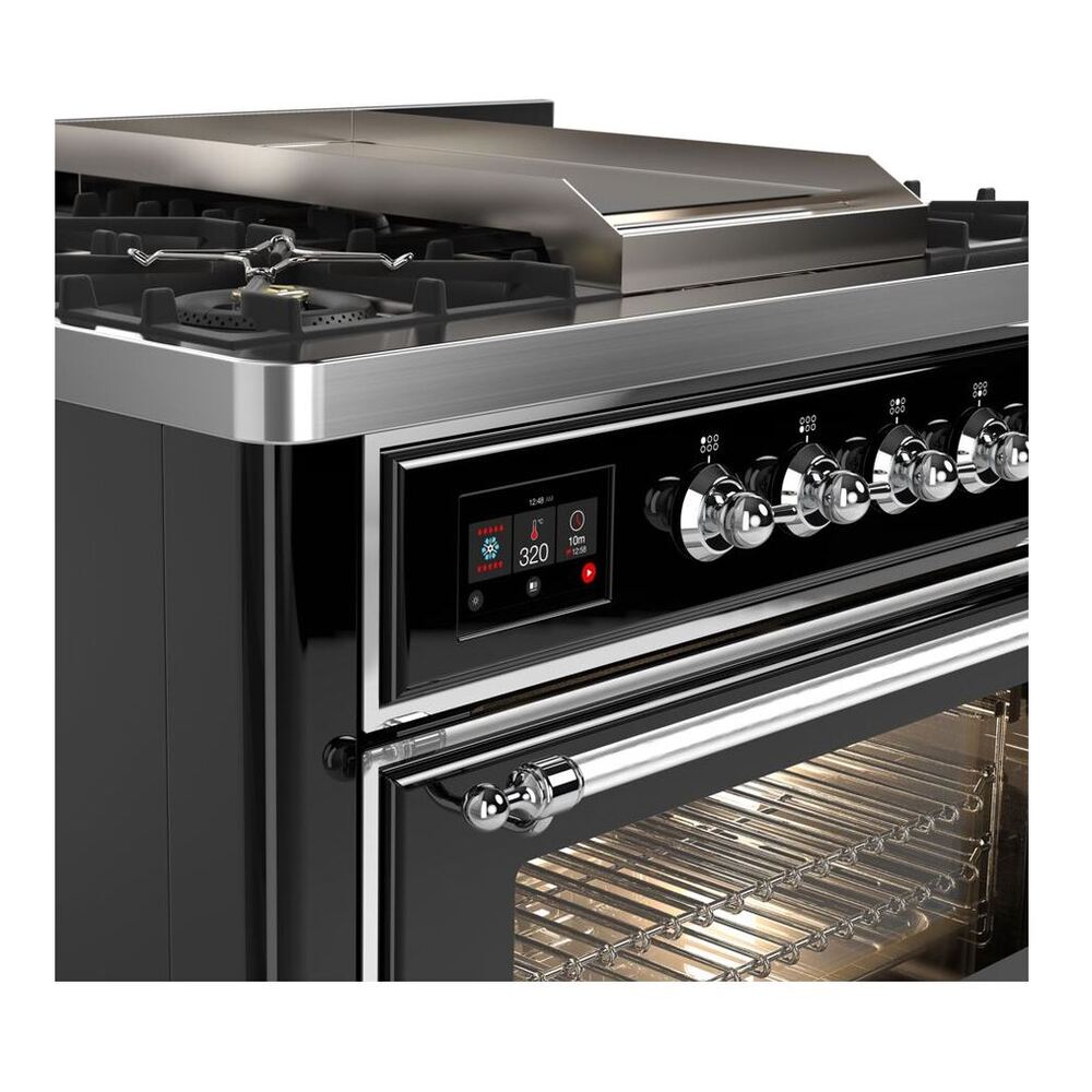 ILVE Majestic II 36 inch Triple Glass Door Natural Gas Dual Fuel Range Chrome Glossy Black