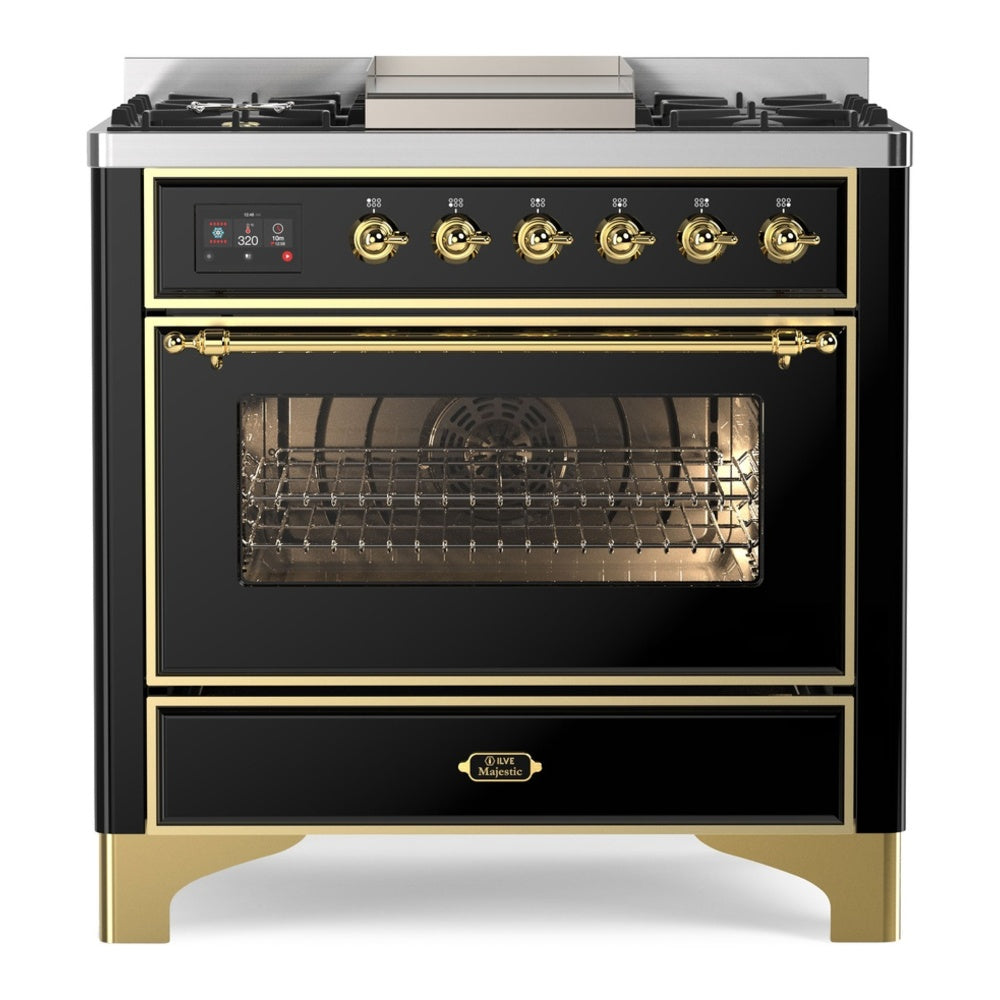 ILVE Majestic II 36" Glossy Black Dual Fuel Range with 6 Burners and Griddle Triple Glass Door Liquid Propane