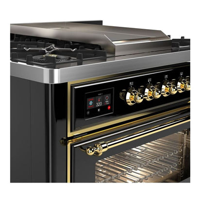 ILVE Majestic II 36 inch Triple Glass Door Natural Gas Dual Fuel Range Brass Glossy Black