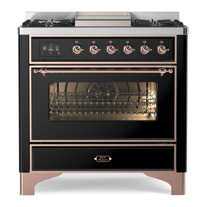 ILVE Majestic II 36" Glossy Black Dual Fuel Range with 6 Burners and Griddle Triple Glass Door Liquid Propane