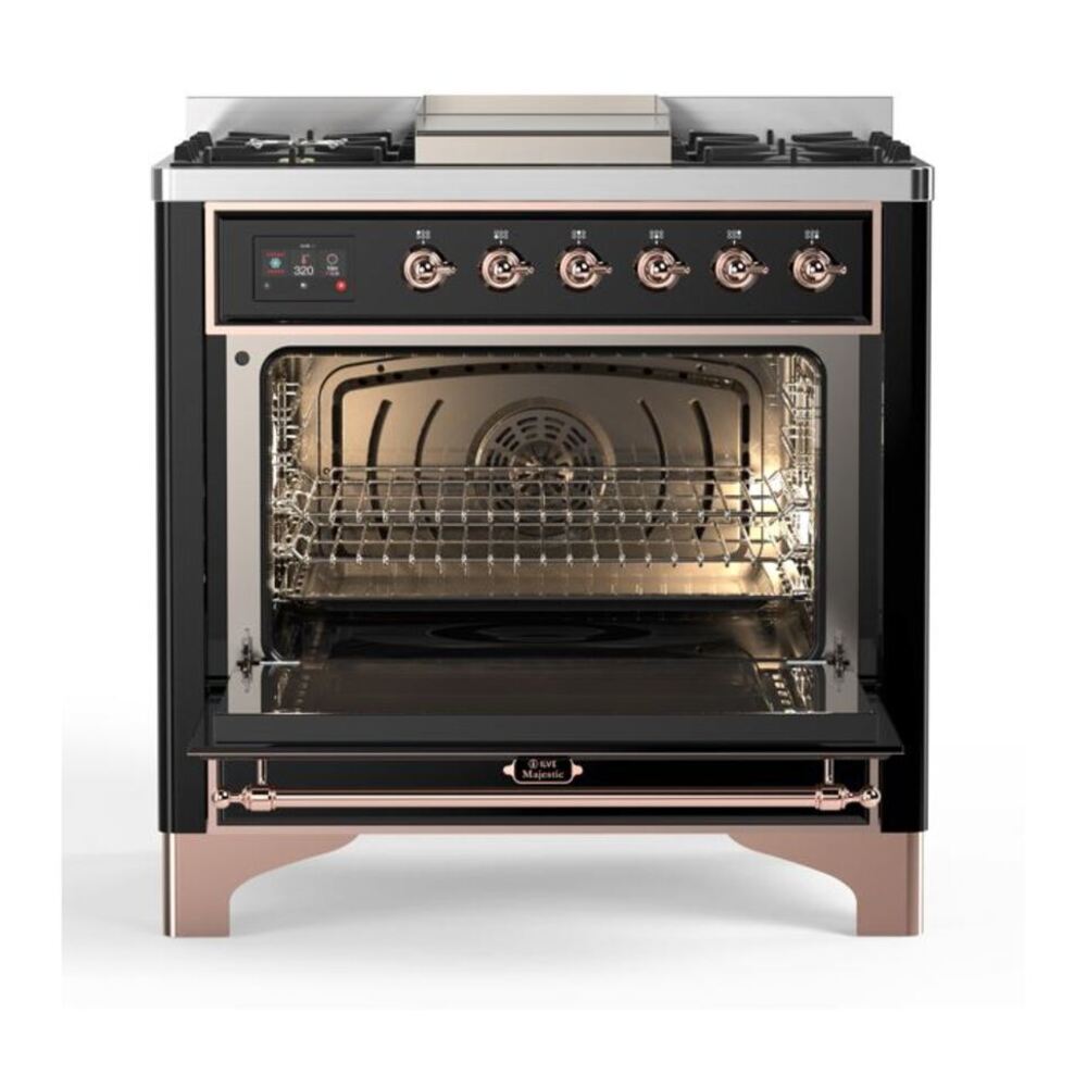 ILVE Majestic II 36 inch Triple Glass Door Natural Gas Dual Fuel Range Copper Glossy Black